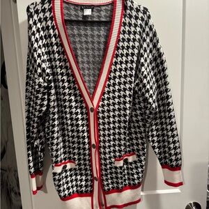 VENUS Preppy Black and White Houndstooth Cardigan with Red Trim